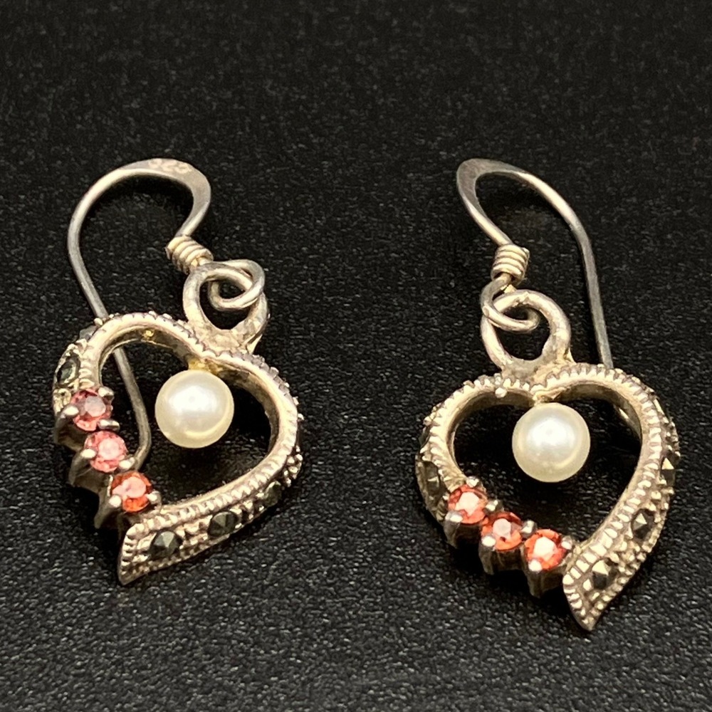 Vintage Heart Earrings Pink Stone Sterling Silver Marcasite 1.2" Marsala